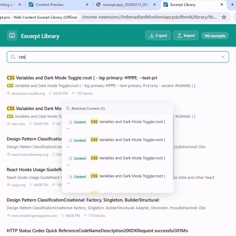 Excerpt local full-text search
