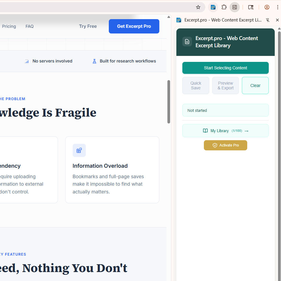 Excerpt extension popup UI